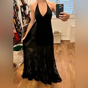 Alice + Olívia black halter black maxi dress with lace details